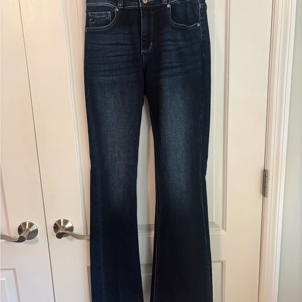 KanCan Dark Indigo Flare Wide Leg Jeans with Subtle Fade